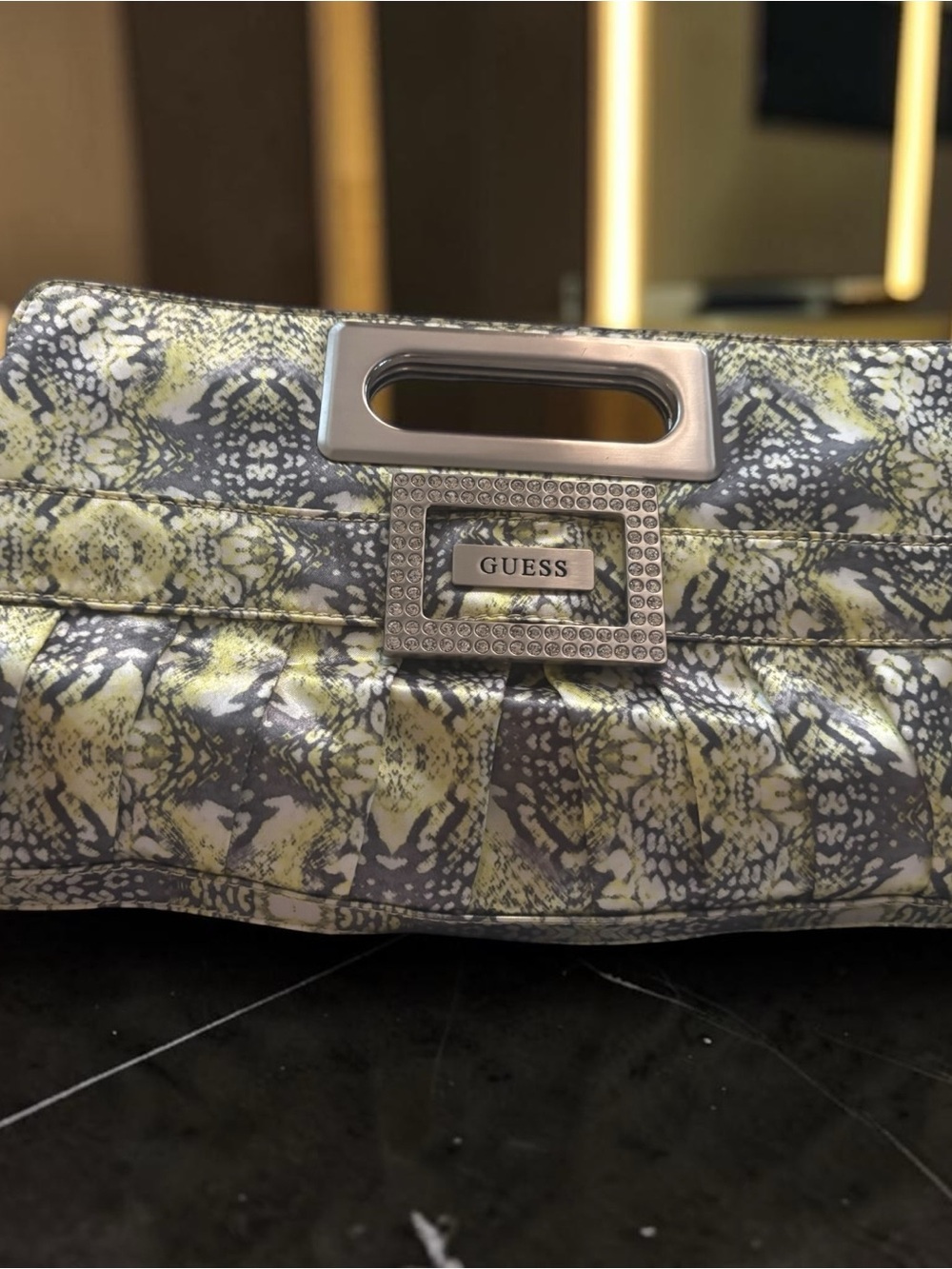 GUESS Snakeskin Print Rhinestone Clutch Shoulder Bag Chain Strap Y2K